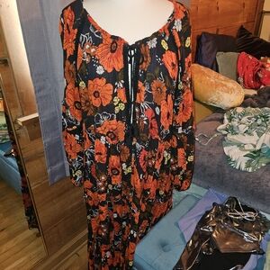 Free People Vibrant Floral Long Sleeve Dress in Orange and Black
